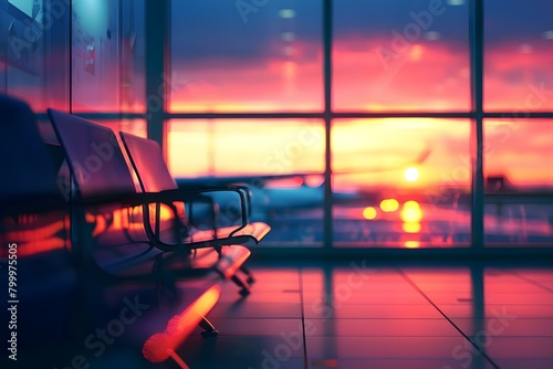 Vibrant airport scene at sunrise setting stage for the days journey. Concept Airport Sunrise, Travel Adventure, Morning Light, Destination Exploration, Exciting Escapade