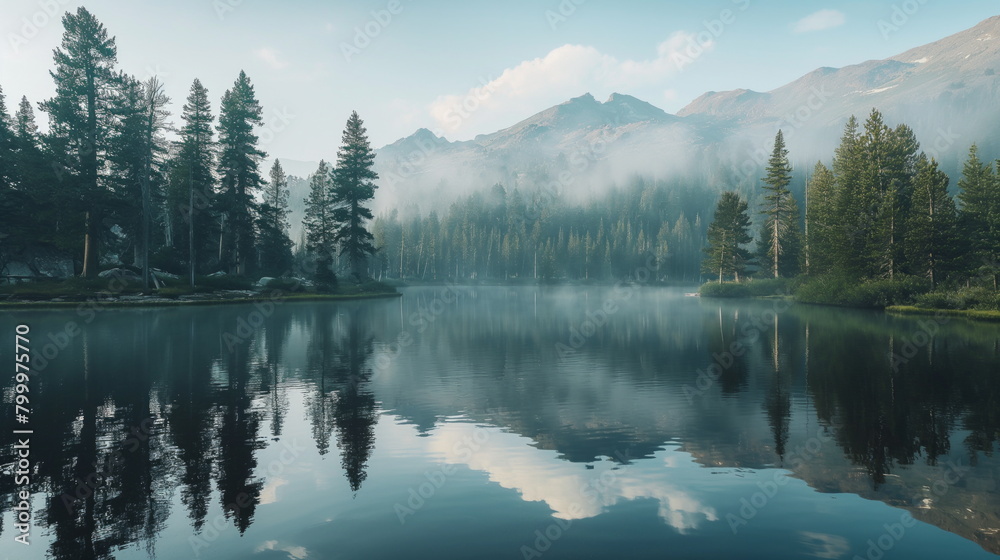 landscape of a mountain lake surrounded by pine trees reflecting in the calm water