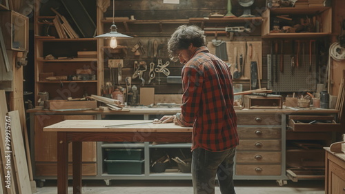 Skilled carpenter working on a woodworking project in a well equipped workshop, creating handmade furniture