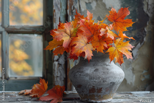 A rustic clay vase filled with vibrant autumn leaves, their fiery hues a testament to the changing seasons.