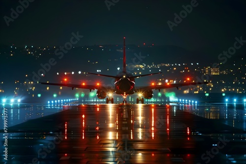 Airplane taking off at night from runway with runway lights on. Concept Nighttime Takeoff, Airport Lights, Airplane Photography, Travel Adventure, Aviation Scene