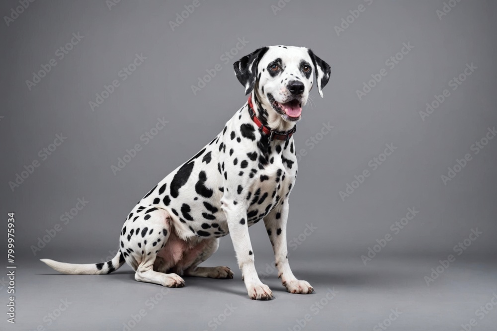 sit Dalmatian dog with open mouth looking at camera, copy space. Studio shot.