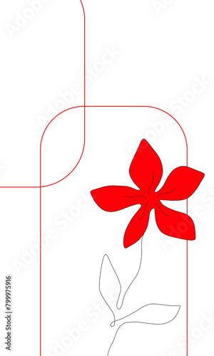 Geometric card design with red flowers on white background, holiday greetings card with lines and shapes, colorful simple floral pattern, frame, postcard for invitation, birthday, congratulations