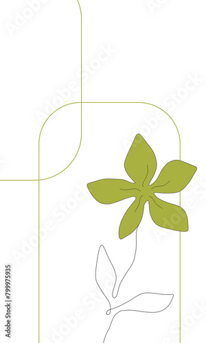 Card geometric design with green flower on white background, holiday greetings card with lines and shapes, colorful simple floral pattern, frame, card for invitation, birthday, for congratulation