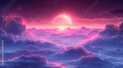 illustration of mountain purple sunset sky with clouds.