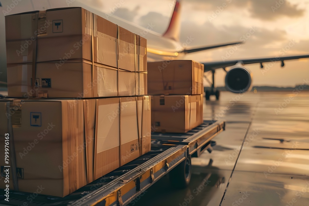 Cargo plane loading packages on a runway. Concept Aviation ...