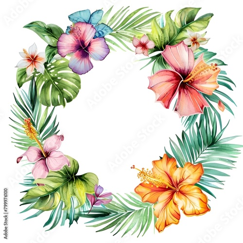A bright template in the form of a frame with watercolor exotic tropical flowers and leaves. A concept for invitations, weddings, greeting cards and party decorations
