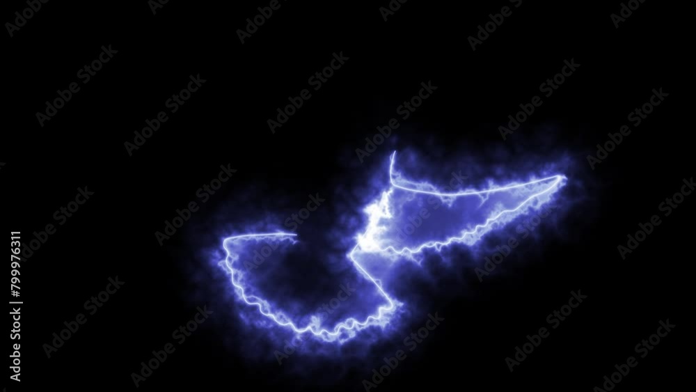 Self drawing animation with one continuous line draw, logo, bird glowing blue flame, pigeon, dove