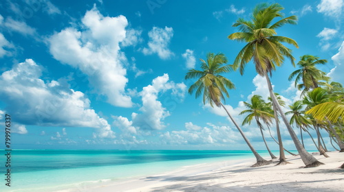 Tropical Paradise Getaway  Palm Trees Swaying on White Sandy Beach Against Turquoise Waters