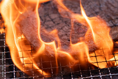 バーベキューで豪快に肉を焼く