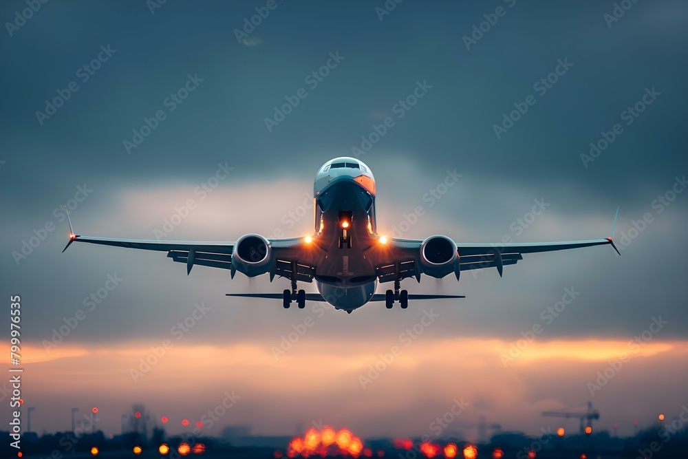 Commercial plane taking off with visible landing gear against dusky sky. Concept Dusk, Commercial Plane, Taking Off, Landing Gear, Sky