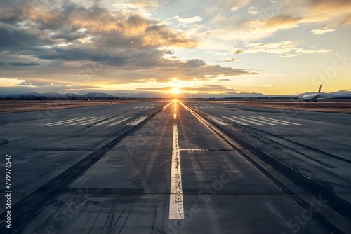 Minimalistic wide angle shot of empty airport runway at sunset. Concept Sunset  Airport Runway  Wide Angle  Minimalistic Approach  Empty JsonRequest