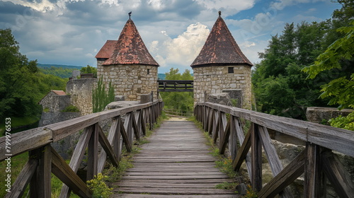 Empty small medieval settlement between two small stone watch towers, crossing a lowered wooden drawbridge © Mars0hod