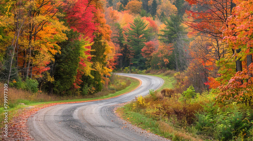 A winding country road flanked by colorful foliage with trees on either side displaying a riot of autumn colors