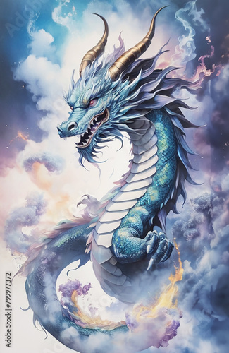 Dragon deity appearing from the clouds, 緑龍, 龍, 龍神, illustration art, Generative AI