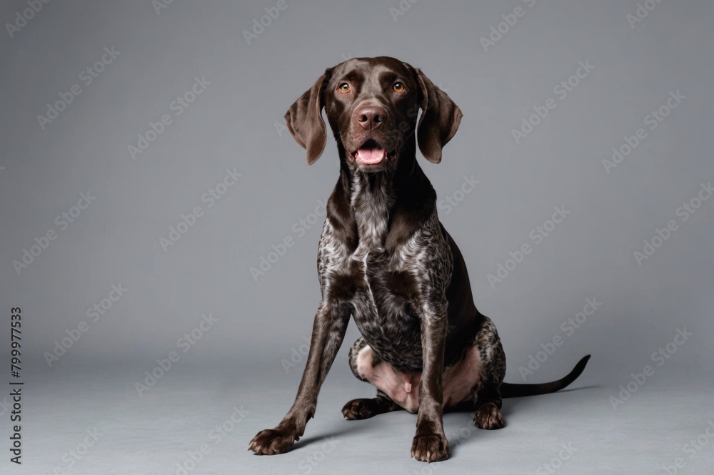 sit German Shorthaired Pointer dog with open mouth looking at camera, copy space. Studio shot.