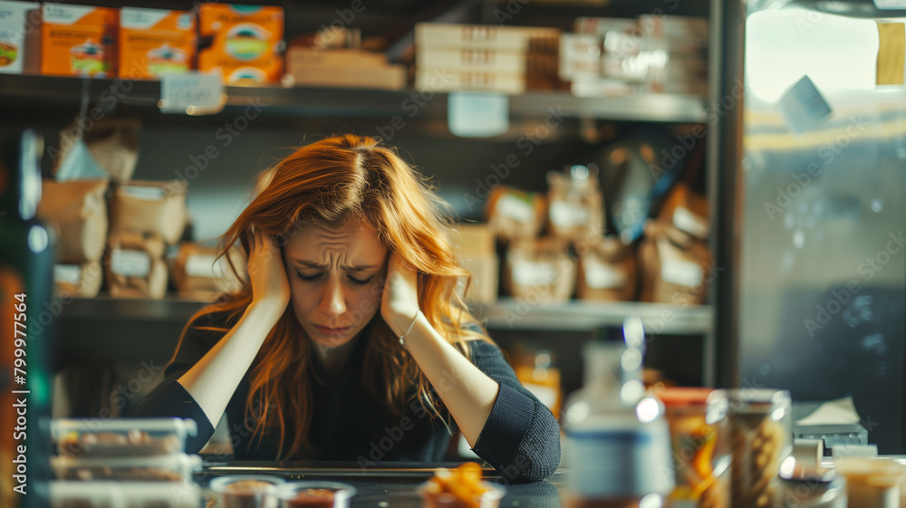 Stressed female entrepreneur sitting at desk while having a headache.