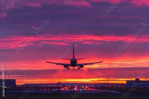 A commercial jet landing against a colorful sunset sky at the airport. Concept aviation photography, sunset landscape, airplane landing, commercial airport operations