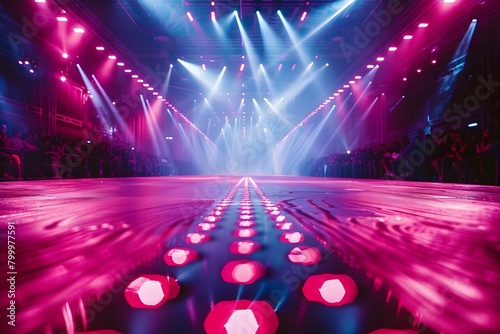 Fashion Show Set with Empty Runway, Vibrant Backdrop, and Bright Spotlights Ready for Start. Concept Fashion Show, Empty Runway, Vibrant Backdrop, Bright Spotlights, Runway Ready photo