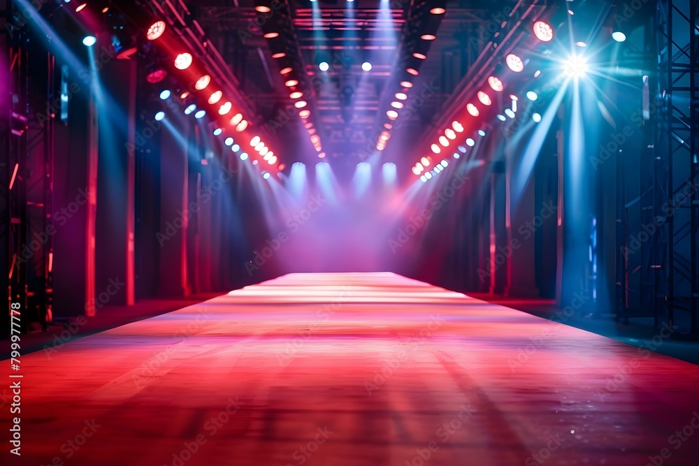 Vibrant Backdrop, Empty Runway, and Bright Spotlights Await the Start of a Fashion Show. Concept Fashion Show, Runway, Bright Spotlights, Vibrant Backdrop, Event Photography
