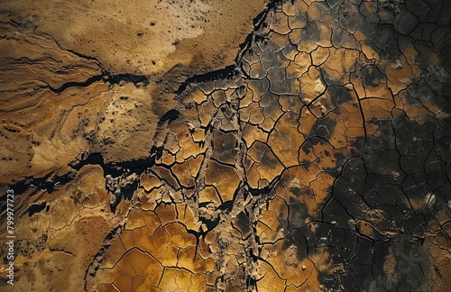 A desert landscape including a dry riverbed, fissured dirt, and several dry, dark patches, with human-shaped shadows formed in the ground