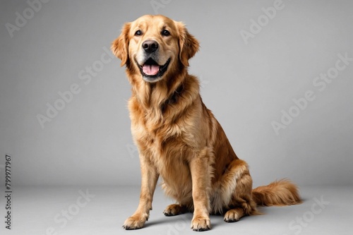 sit Golden Retriever dog with open mouth looking at camera, copy space. Studio shot.