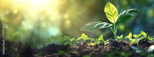 Young plant sprout grows in the soil with morning sunlight on a natural background banner design for environment and ecology concepts, representing organic life or a new beginning idea.