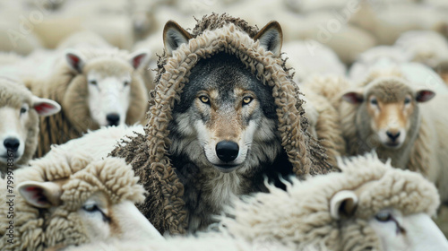 Hiding wolf in sheep herd. "A wolf in sheep's clothing". Representing camouflage, mafia, secret agent, deceptiveness, Aesop.