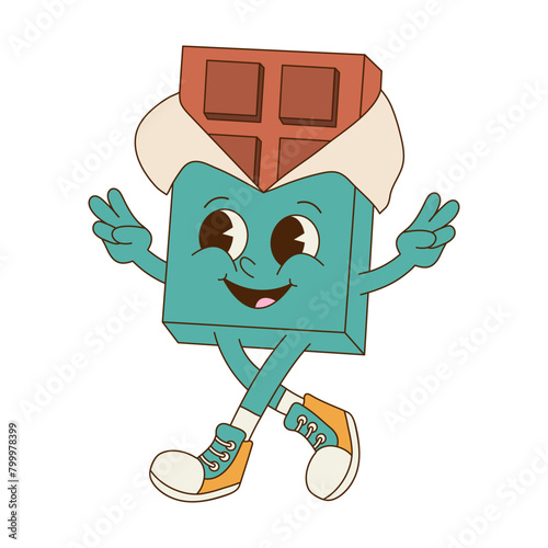Groovy chocolate bar cartoon character. Retro sticker in 70s 80s style