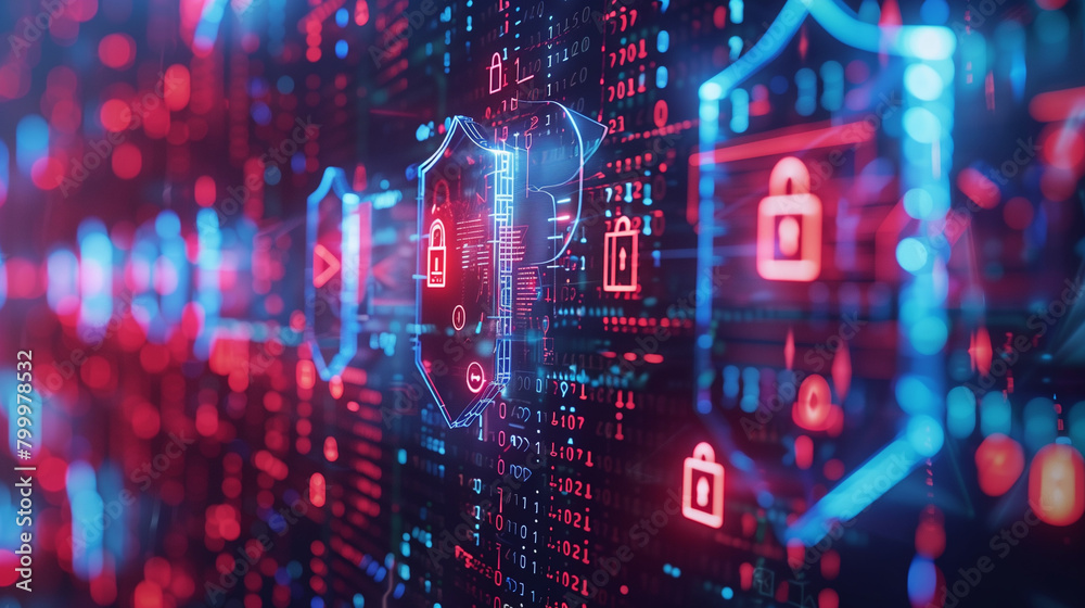 Digital Fortification: Abstract Cyber Security Background with Shield Icons and Encrypted Data Digital Fortification: Abstract Cyber Security Background with Shield Icons and Encrypted Data