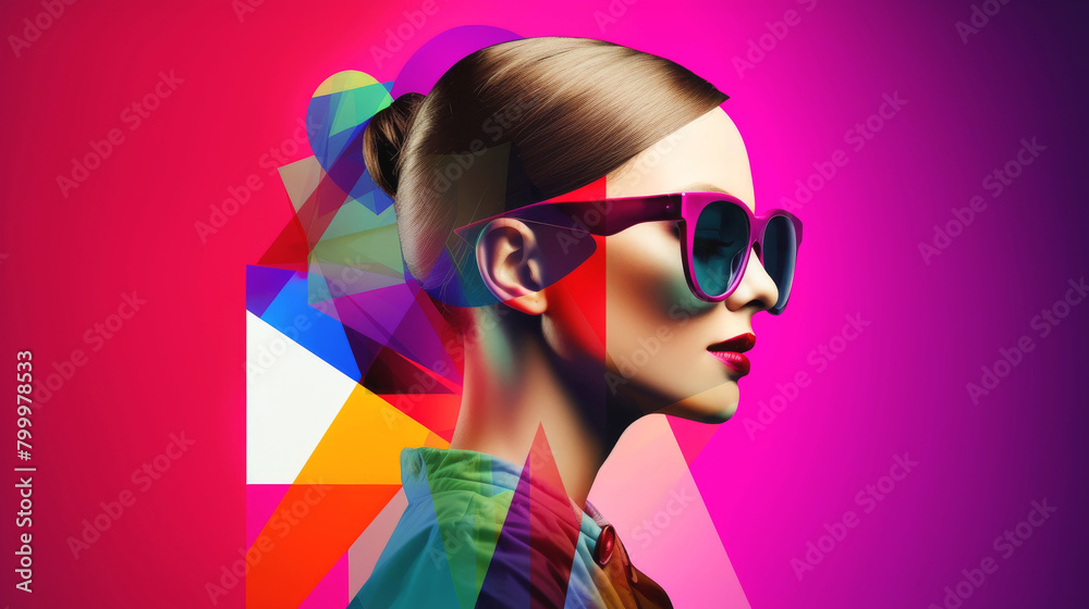 Woman wearing sunglasses poses against abstract colorful geometric pattern set on dark pink background Woman wearing sunglasses poses against abstract colorful geometric pattern set on dark pink background