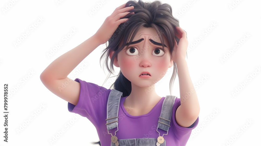 Stands with confused face expression. 3d render isolated, Portrait cute kawaii positive excited K-pop cartoon girl in fashion casual clothes purple overalls touches her head with hand Stands with confused face expression. 3d render isolated, Portrait cute kawaii positive excited K-pop cartoon girl in fashion casual clothes purple overalls touches her head with hand