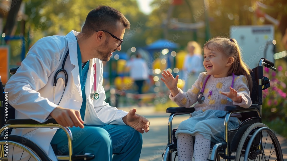 Obraz premium A heartwarming scene of a male doctor and a young girl in wheelchairs smiling and interacting in a sunlit park.