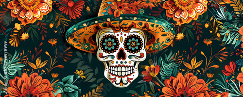 Vibrant illustration of a Day of the Dead (Día de Muertos) inspired pattern featuring a decorated skull, colorful flowers, and traditional motifs
