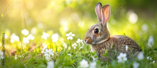 Cute Easter bunny sitting in the green grass with spring flowers on a sunny day