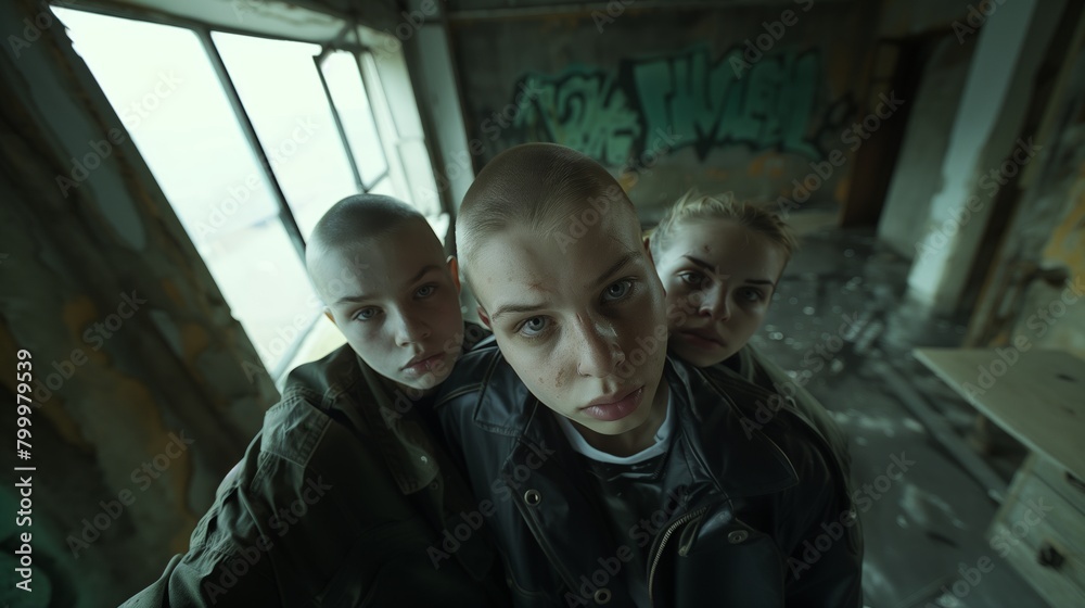 Three young women with shaved heads in a dark, abandoned building, looking intently at the camera.