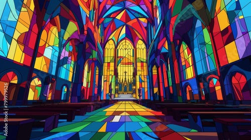 A historic cathedral in pop art style, vibrant stained glass, bold outlines, and stylized sculptures photo