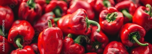 A pile of fresh, vibrant red peppers in various sizes and shapes