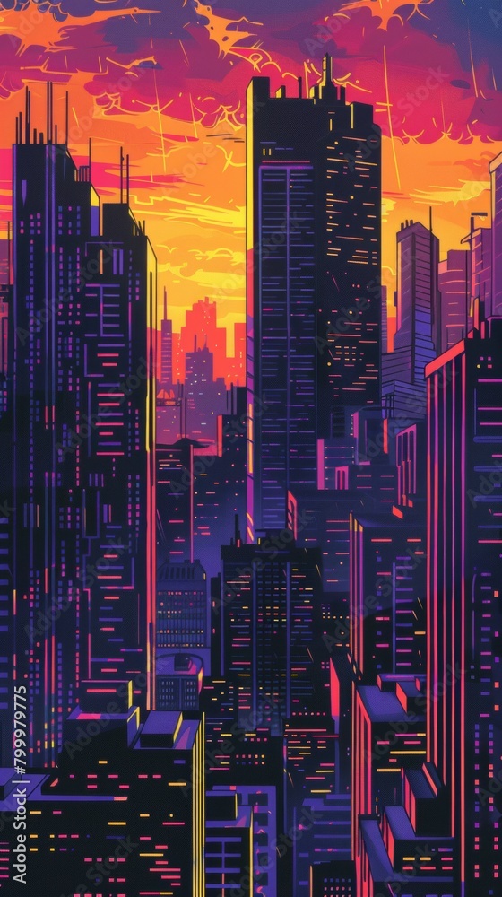 A pop art cityscape at sunset, bold outlines, skyscrapers awash in vibrant orange and purple hues