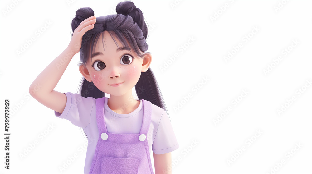 Stands with happy face expression. 3d render isolated, Portrait cute kawaii positive excited K-pop cartoon girl in fashion casual clothes purple overalls touches her head with hand Stands with happy face expression. 3d render isolated, Portrait cute kawaii positive excited K-pop cartoon girl in fashion casual clothes purple overalls touches her head with hand