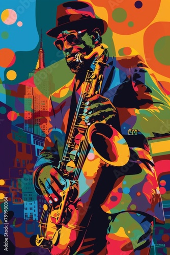 A street musician in pop art style, stylized instrument, exaggerated features, and a bold cityscape backdrop