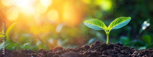 Young plant sprout grows in the soil with morning sunlight on a natural background banner design for environment and ecology concepts, representing organic life or a new beginning idea.