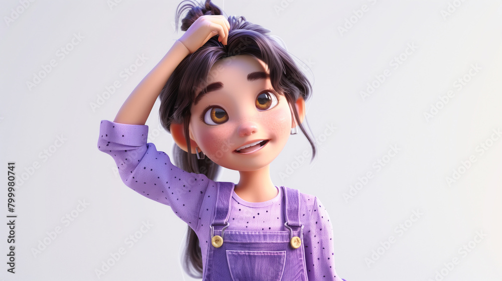 Portrait cute kawaii positive excited K-pop cartoon girl in fashion casual clothes purple overalls touches her head with hand, stands with happy face expression. 3d render isolated Portrait cute kawaii positive excited K-pop cartoon girl in fashion casual clothes purple overalls touches her head with hand, stands with happy face expression. 3d render isolated