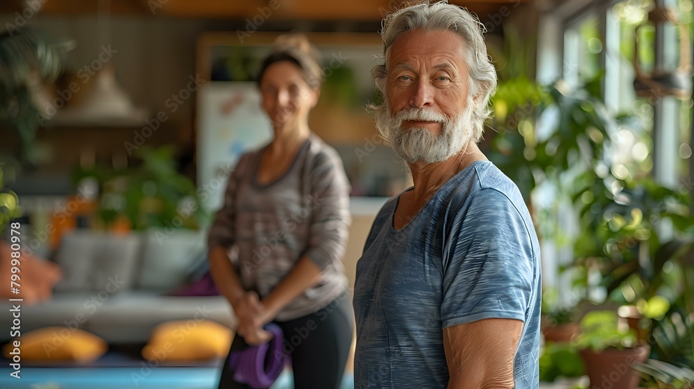 Fototapeta premium Domestic Wellness: Elderly Couple Exercising in Modern Home
