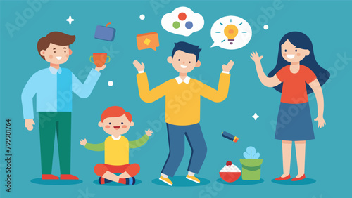 A the walking a family through a tactile activity demonstrating how sensory processing disorder can impact daily life and ways to accommodate for it.. Vector illustration
