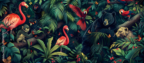 Illustration of a lush jungle scene featuring a variety of tropical animals, including flamingos, monkeys, and an assortment of colorful birds © PLATİNUM
