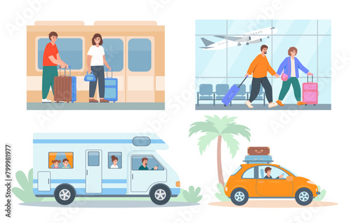 Tourist characters set. People traveling by train, plane, car and motorhome. Summer travel and vocation concept vector illustrations isolated on white background.