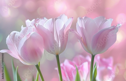 Pink tulips in closeup, their delicate petals set against a pastel background