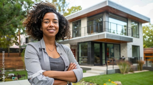Real state black african american woman agent standing in front of a house