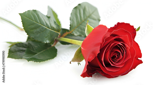 Beautiful Tender Red Rose Flower with stem Isolated on White background, beautiful single red rose lying down on a white background,Beautiful dark red rose isolated on white background